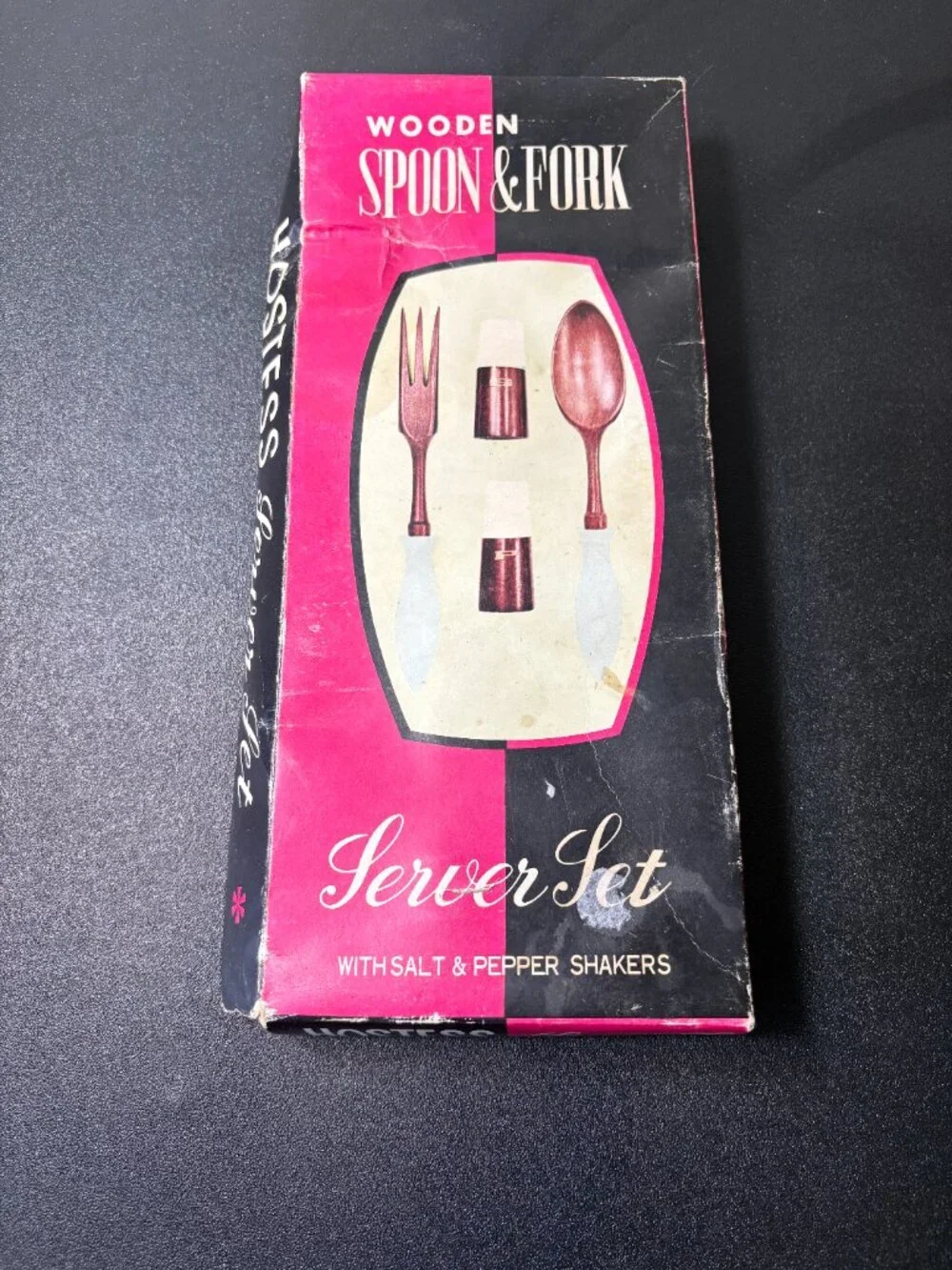 Vintage New York Wooden Salad Serving Fork & Spoon, Salt & Pepper Shaker